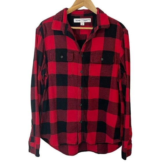 Old Navy Buffalo Plaid Flannel Shirt Womens L Red Black Regular Fit Button Up - Picture 1 of 9